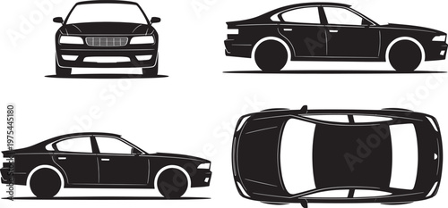 Black silhouette sedan car shown from front side and views on white background for automotive and transport concepts Keywords: car, automobile