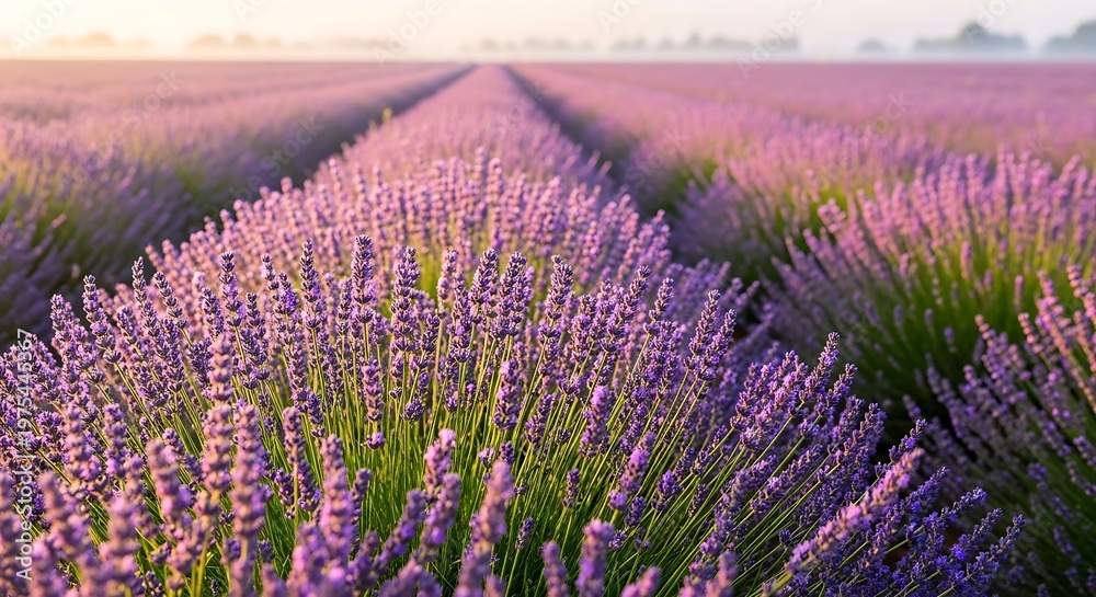 Obraz premium Beautiful blooming lavender field at sunrise in Provence France.