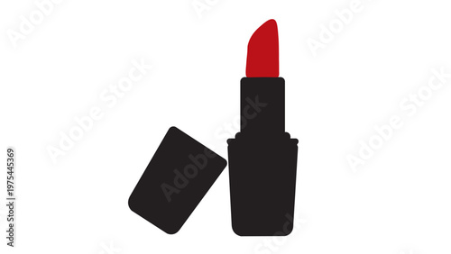 Vibrant Red Lipstick with Open Black Cap Isolated on Clean White Background, Essential Beauty Cosmetic Product for Makeup and Fashion Style Illustration.
