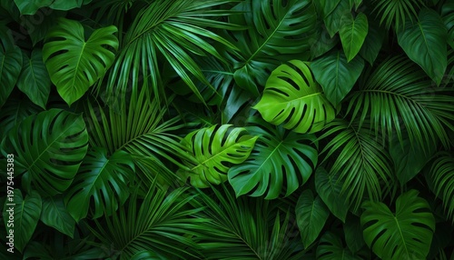 A lush arrangement of vibrant green tropical leaves in various shapes and sizes fills the frame