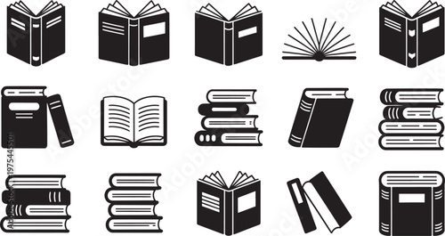 Collection of black and white book showing various open and closed books stacked and fanned out on a white background
