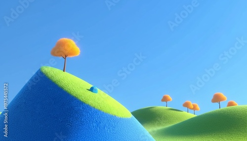 A vibrant digital illustration of rolling hills with colorful trees under a clear blue sky