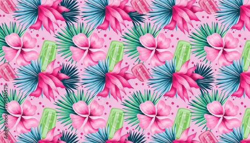 A vibrant and colorful pattern of tropical flowers and palm leaves on a pink background