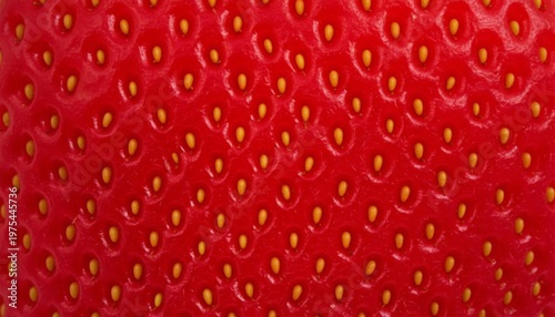 A close-up view of a vibrant red strawberry with numerous yellow seeds