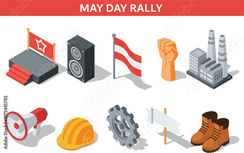 May Day Celebration Icons Depicting Labour Movement, Industry, and Protest