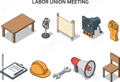 Labor union meeting essentials and symbols of workers' rights and industrial assembly