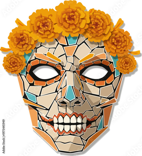 Mosaic Skull Mask with Orange Marigold Crown.