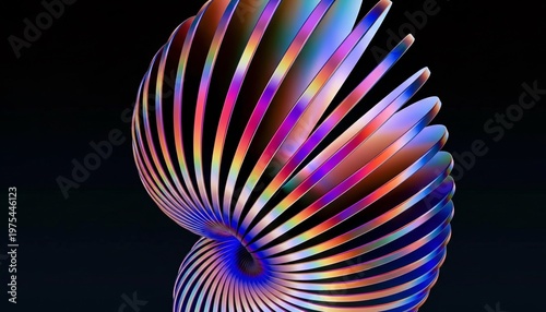 A vibrant, iridescent sculpture with a spiral design glows against a dark background