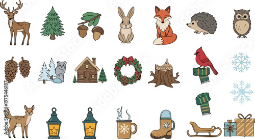 Seasonal animal and object icons collage collection.