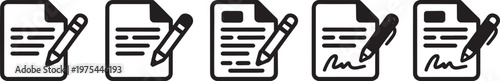 Collection of five black and white line depicting documents with pencils and signatures representing writing and agreement processes Keywords