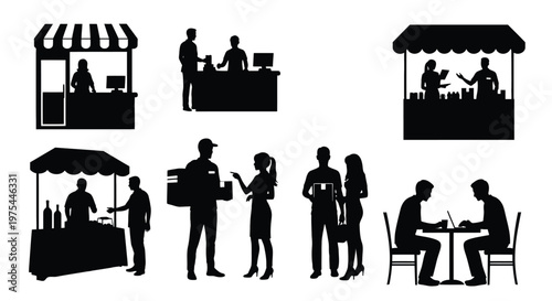 Billede på lærred Set of silhouettes of people in various business and retail situations, includin