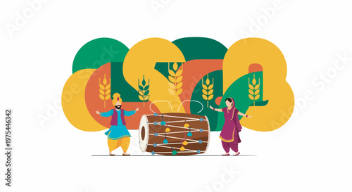 A vibrant illustration celebrating Baisakhi with a Dhol drum, dancers, and wheat stalks, set against colorful abstract shapes.