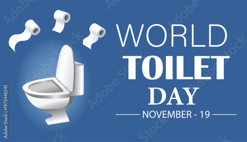 World Toilet Day illustration with a toilet and flying toilet paper rolls on a blue background, promoting hygiene and sanitation awareness.