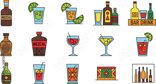 Mezcal Cocktail Drink Vector Set Alcohol Bottles Glasses and Bar Collection
