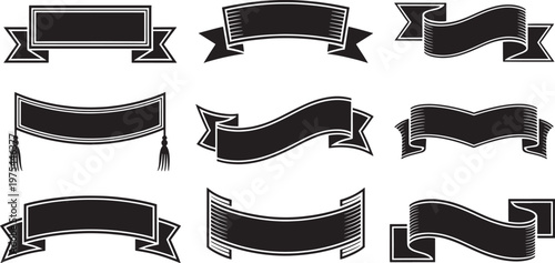 Collection of nine distinct black ribbon banners with varied shapes and decorative for titles and labels Keywords: ribbon, banner, label, title