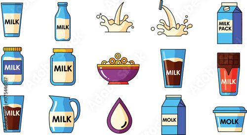 Milk Dairy Product Vector Set Bottles Glasses Cereal and Packaging Illustration