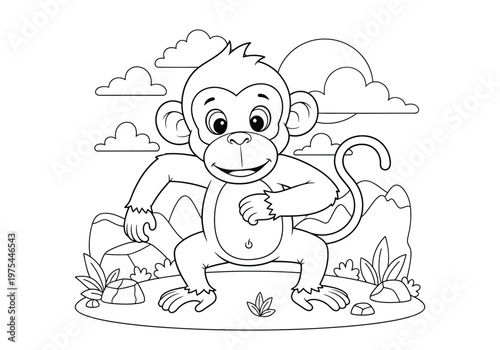 Photography Cute monkey coloring page for kids, vector illustration of a happy little monkey