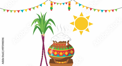 A vibrant illustration depicting the Pongal festival with sugarcane, a pot of boiling rice, and festive decorations under the sun.