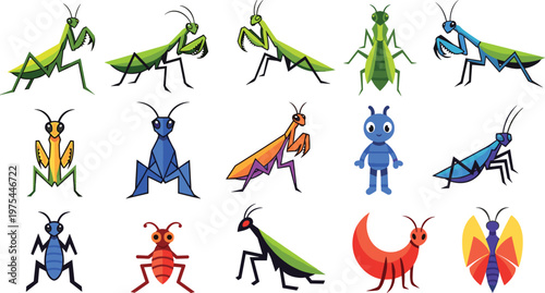 Praying Mantis Insect Vector Set Colorful Bug Collection Flat Illustration