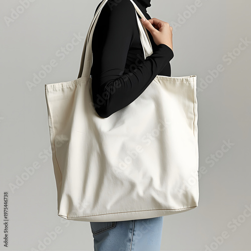 A cream-colored canvas tote bag held by a person wearing a black turtleneck and blue jeans, isolated on a grey background