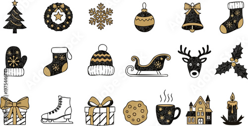 Christmas decorative icons set featuring ornaments gifts cookies and seasonal accessories.