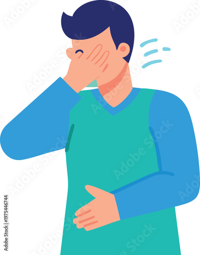 Man covering his face and clutching stomach in discomfort