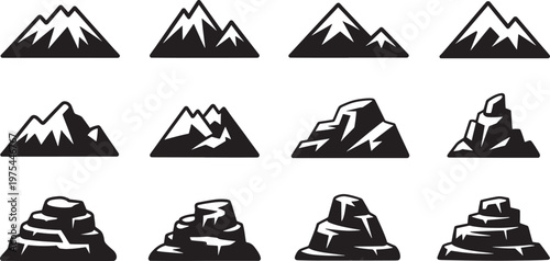 Collection of twelve black and white stylized mountain peak and rock formation silhouettes on a white background representing diverse geological
