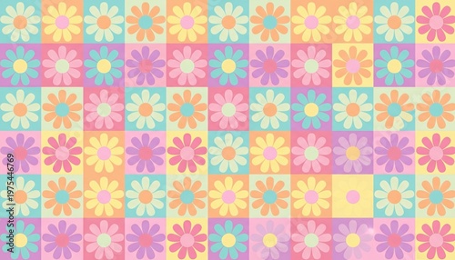 A colorful and vibrant floral pattern featuring numerous small flowers in various pastel shades arranged in a grid