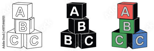 ABC blocks child toy icons, childhood education and learning concept, 3D rendered ABC cubes, isolated on transparent background, creative design element, high quality professional vector illustration.
