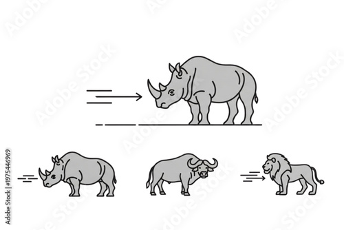 set of wild animals silhouettes Rhino, Buffalo ,Lion vector icons