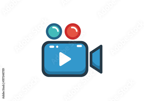 A blue video camera icon with play button and two colored circles on top