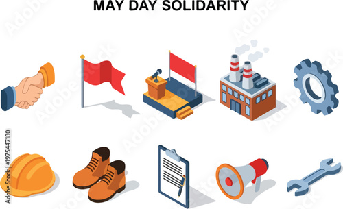 May Day Solidarity Icons Representing Labor, Industry, and Collective Action