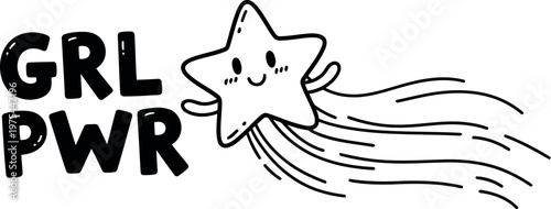 Cute cartoon star with grl pwr text and colorful rainbow trail