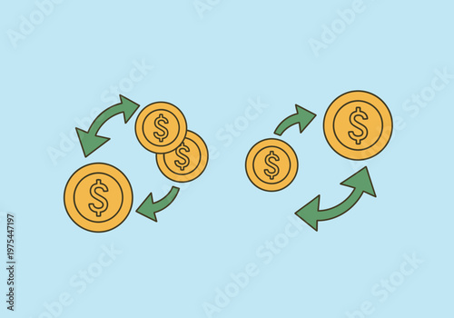 Money coins rotating and moving in circular motion with arrows