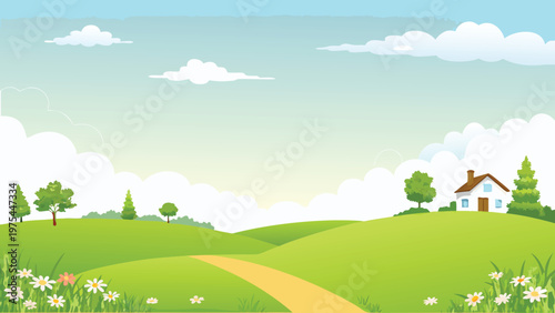 A peaceful cartoon landscape with a small house and winding path