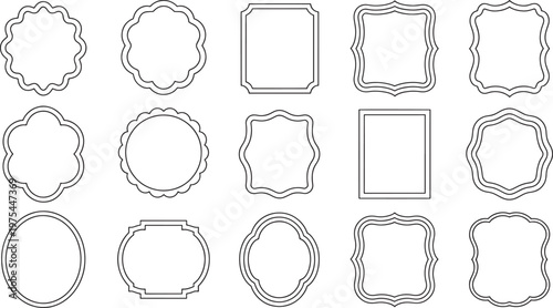 Fifteen assorted decorative outline frames and borders with unique scalloped and geometric edges on a white background