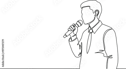 Man in suit holding microphone delivering a speech in minimalist line art