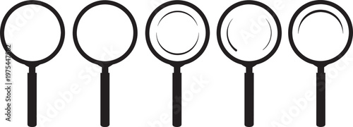Five black magnifying glass with handles arranged horizontally on a white background showing different lens details and outlines representing