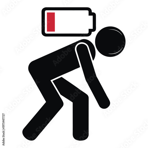 Exhausted person with a low battery symbol above their head