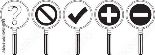 Five magnifying glass each displaying a different symbol a question mark a prohibition sign a checkmark a plus sign and a minus sign Keywords