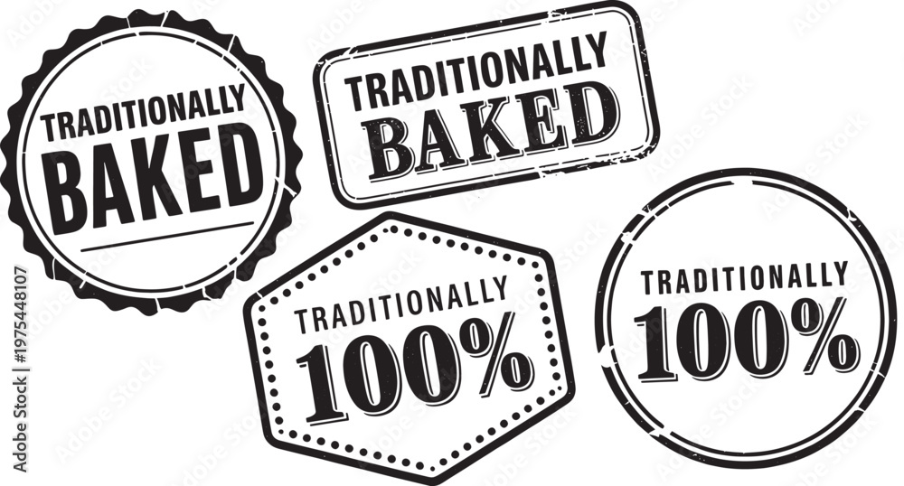 Fototapeta premium Four black and white stamps and badges with text reading TRADITIONALYBAKED' and '100%' on a white background Keywords