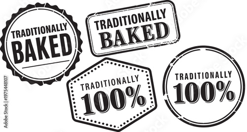 Four black and white stamps and badges with text reading TRADITIONALYBAKED' and '100%' on a white background Keywords