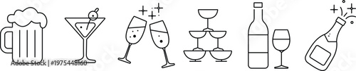 Line art illustrations of various alcoholic beverages isolated on transparent background