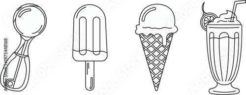 Black and white line art of various ice cream treats isolated on transparent background