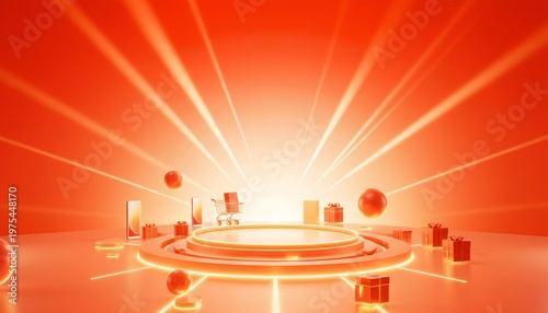 A vibrant orange digital illustration of a circular platform surrounded by gifts and radiant light beams