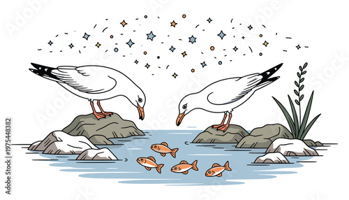 Seagulls tide pool foraging scene where birds hop between rocks looking for small marine life, small sparkle and line icons emphasize natural details