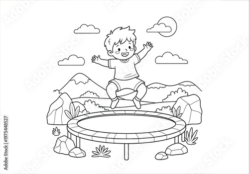 Happy boy jumping on a trampoline in the nature, coloring page for kids