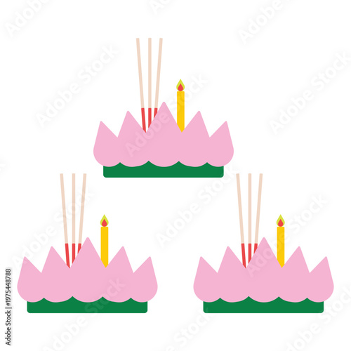 Loy Krathong festival, Thai tradition floating basket with candle and joss sticks on white background.