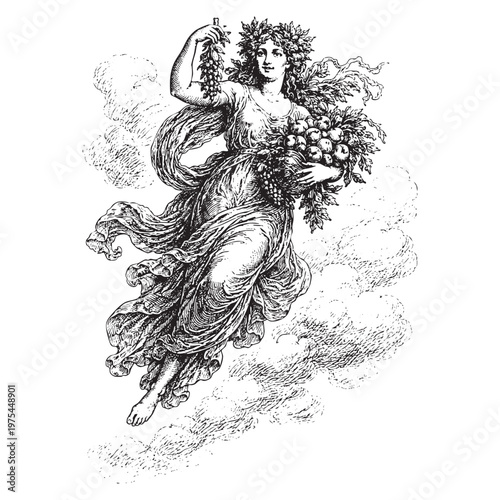 Goddess of Harvest Engraving with Fruit and Grapes