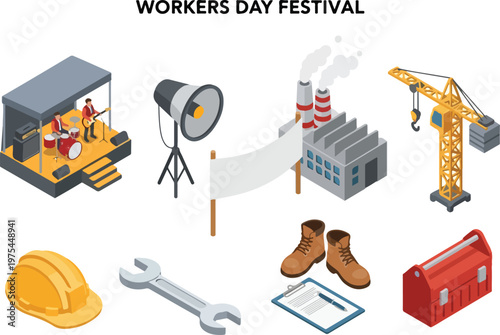 Set of Industrial and Labor Day Icons Featuring Construction, Music, and Tools for a Festive Celebration